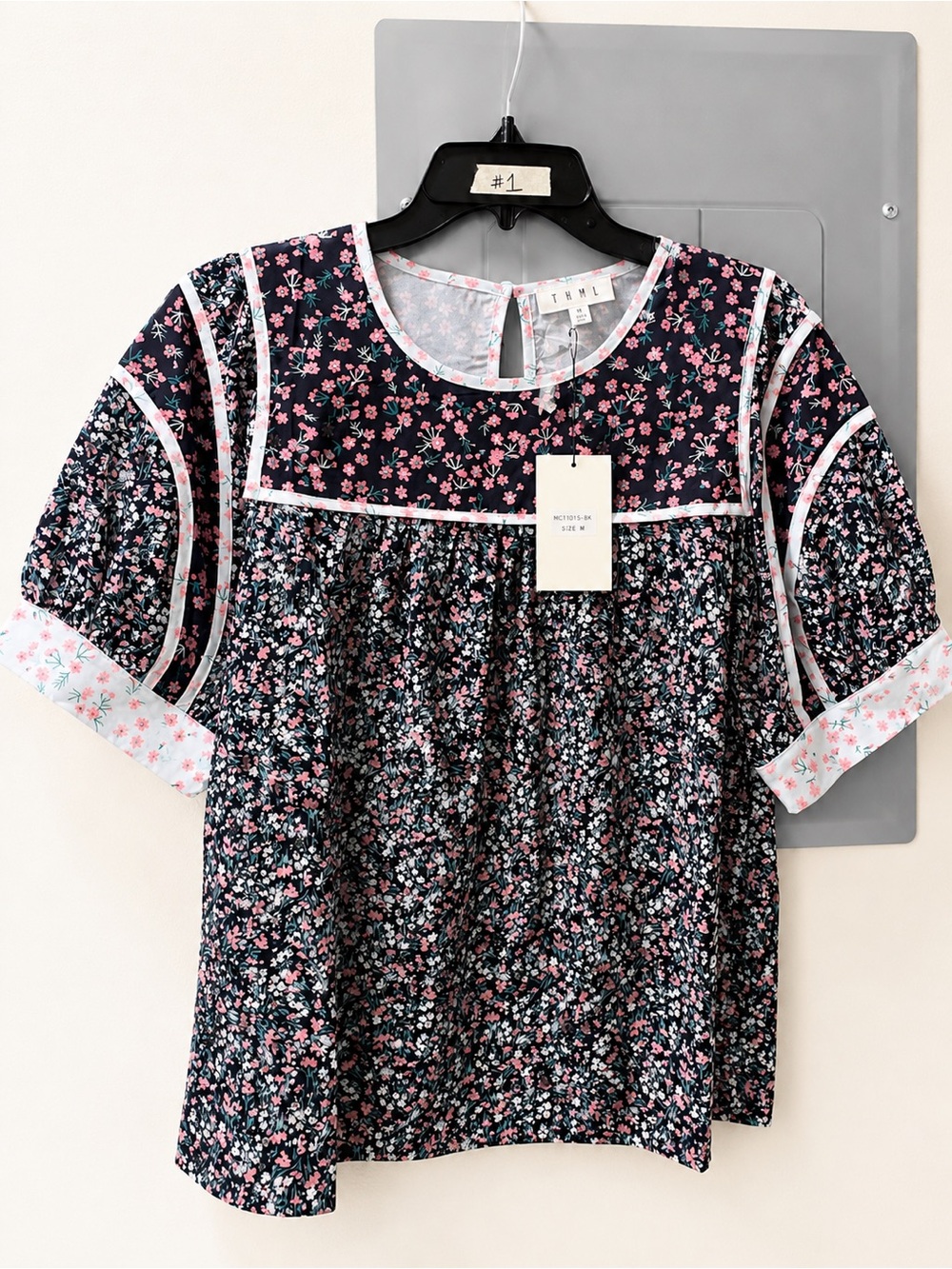 THML Navy Floral Short Sleeve Top with Pink Accents